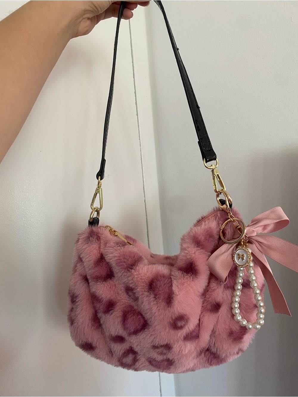 Pink Faux Fur Leopard-Print Shoulder Bag with Pearl & Bow Charm